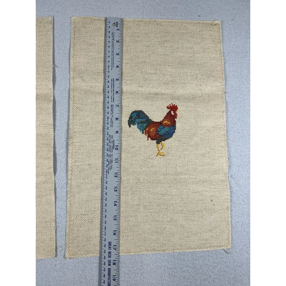 Vtg Pair Completed Cross Stitch Rooster Hen Chicks on Linen Unframed 11.5